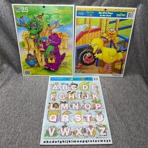 Vintage Barney Sesame Street Alphabet Frame Tray Puzzle Lot 1988 1993 1994 3pc